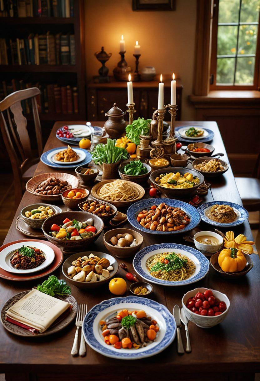 A beautifully arranged dining table featuring a variety of historical dishes from different cultures, interspersed with vibrant ingredients and cooking tools, evoking a sense of culinary adventure. In the background, there are historical books and scrolls, symbolizing the connection between history and gastronomy. Warm lighting enhances the inviting atmosphere of the scene. super-realistic. vibrant colors. 3D.
