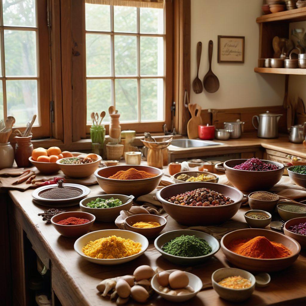 A cozy, rustic kitchen filled with vibrant spices and fresh ingredients, featuring a family gathered around a wooden table sharing traditional dishes, with laughter and joy reflected on their faces. Warm sunlight streaming through a window, illuminating colorful bowls of food and cooking utensils. A chalkboard in the background showcases handwritten recipes. painting. warm colors. inviting atmosphere.