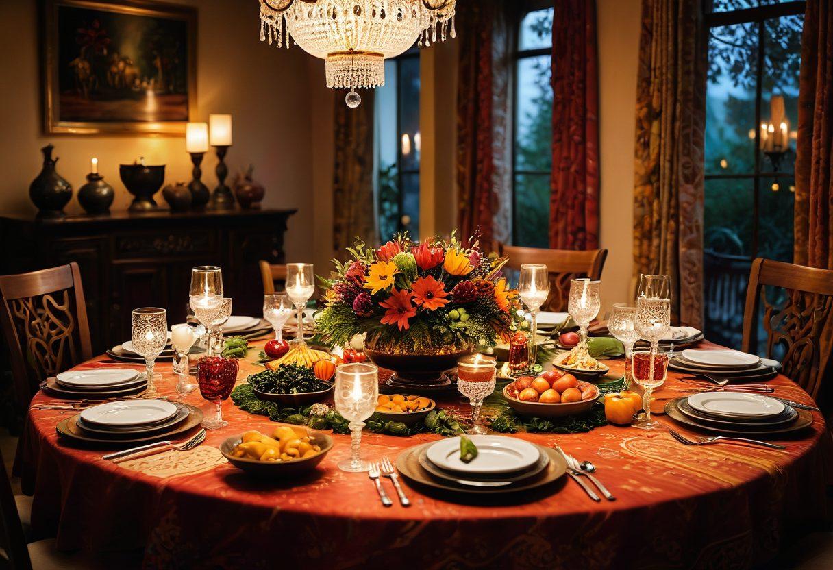 A beautifully set dining table adorned with an array of colorful traditional dishes representing different culinary heritages, surrounded by soft warm lighting. In the background, a rich tapestry depicting the stories associated with each dish. Joyful figures sharing food and laughter, creating a sense of warmth and togetherness. super-realistic. vibrant colors. warm lighting.